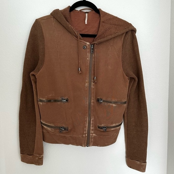Free People Jackets & Blazers - Free People Distressed Knit Full Zip Hoodie Moto Style Brown Size Small Women’s
